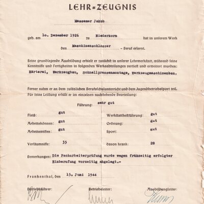 Lehrzeugnis Jakob Messemer 1944
